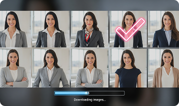 Grid of headshots with a selected image and download bar